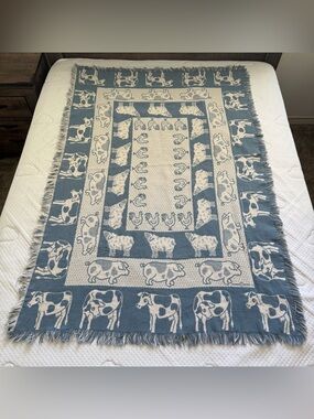 Vtg 1992 MWW Farm Animals Afghan Throw Blanket Cows Pigs Chickens Country 65x43”